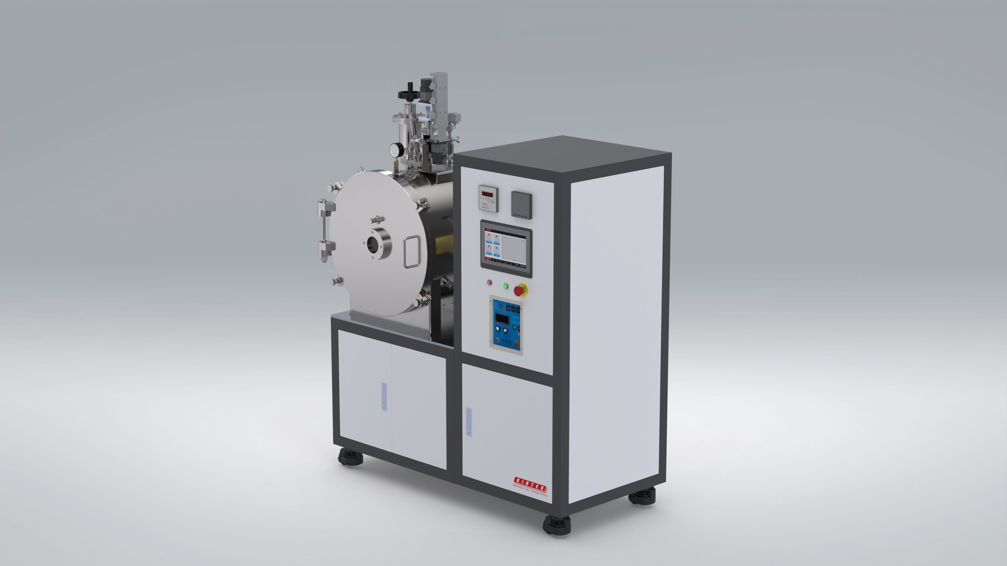 Primer plano parcial del horno de fusión por inducción al vacío a escala de laboratorio