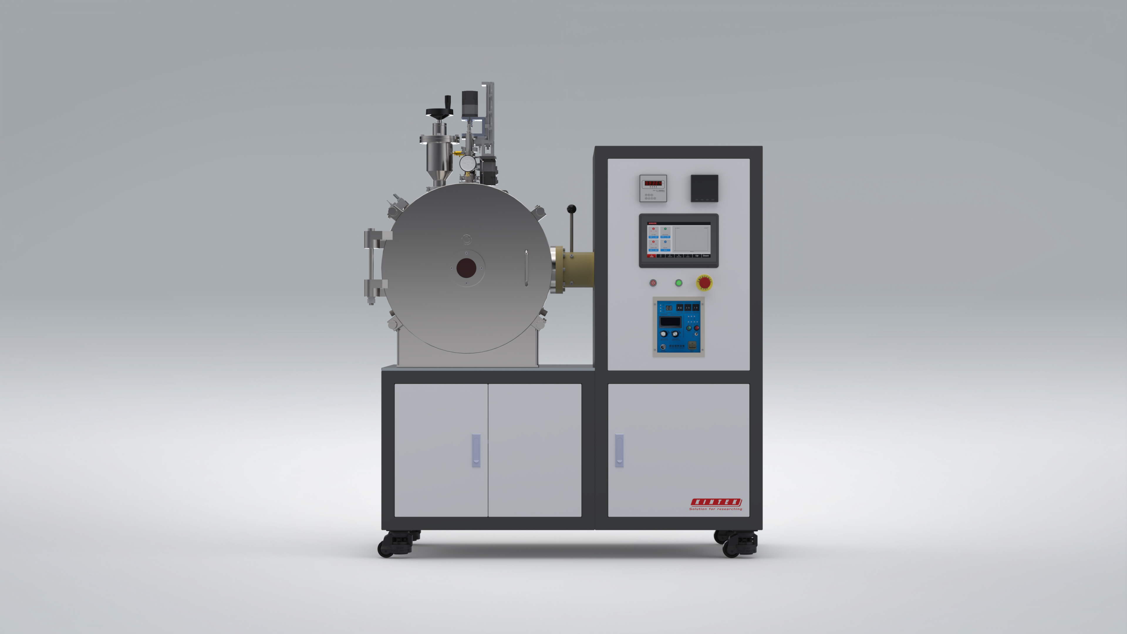Primer plano frontal del horno de fusión de inducción de vacío de laboratorio