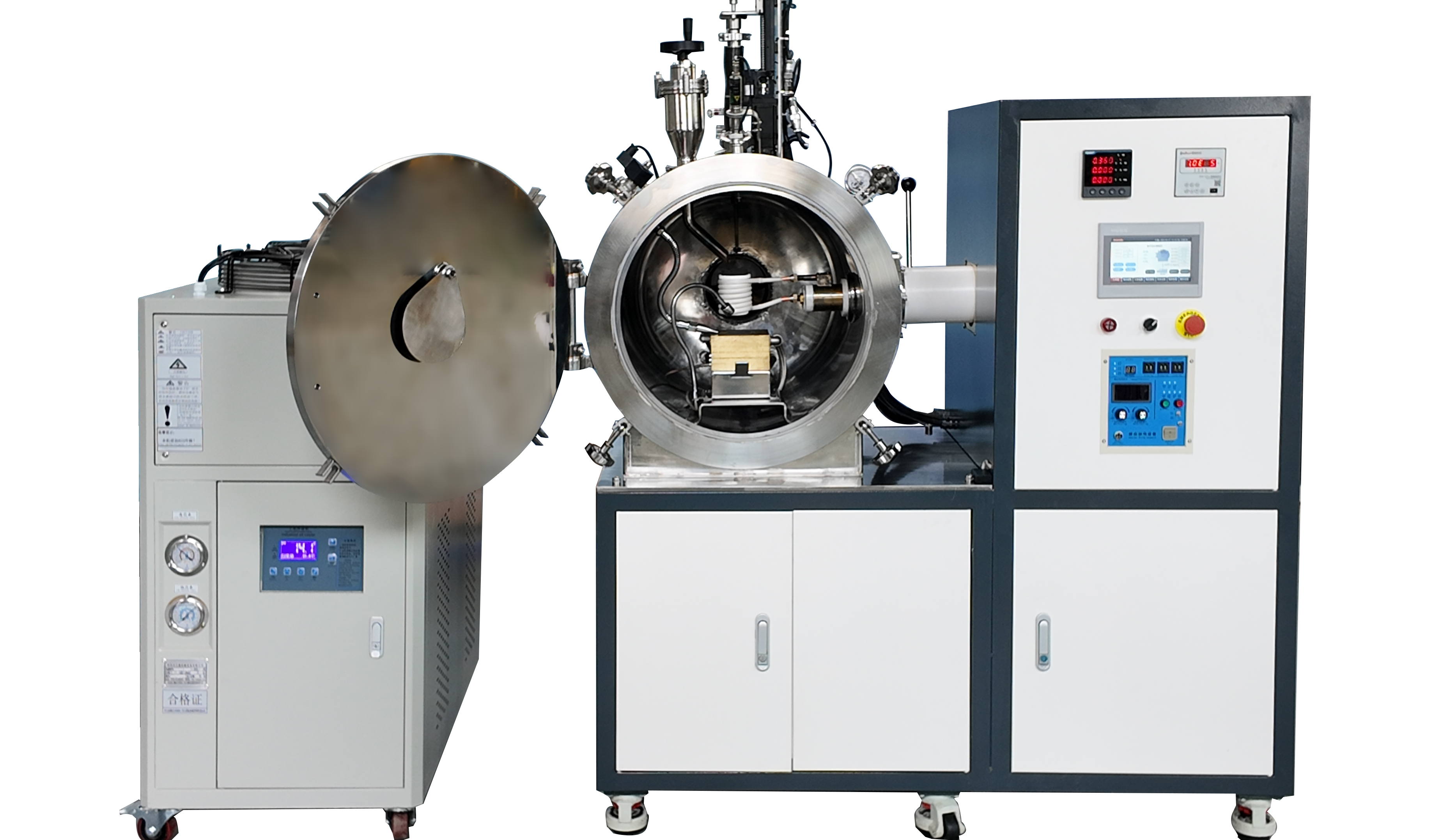 Primer plano frontal del horno de fusión por inducción al vacío de laboratorio