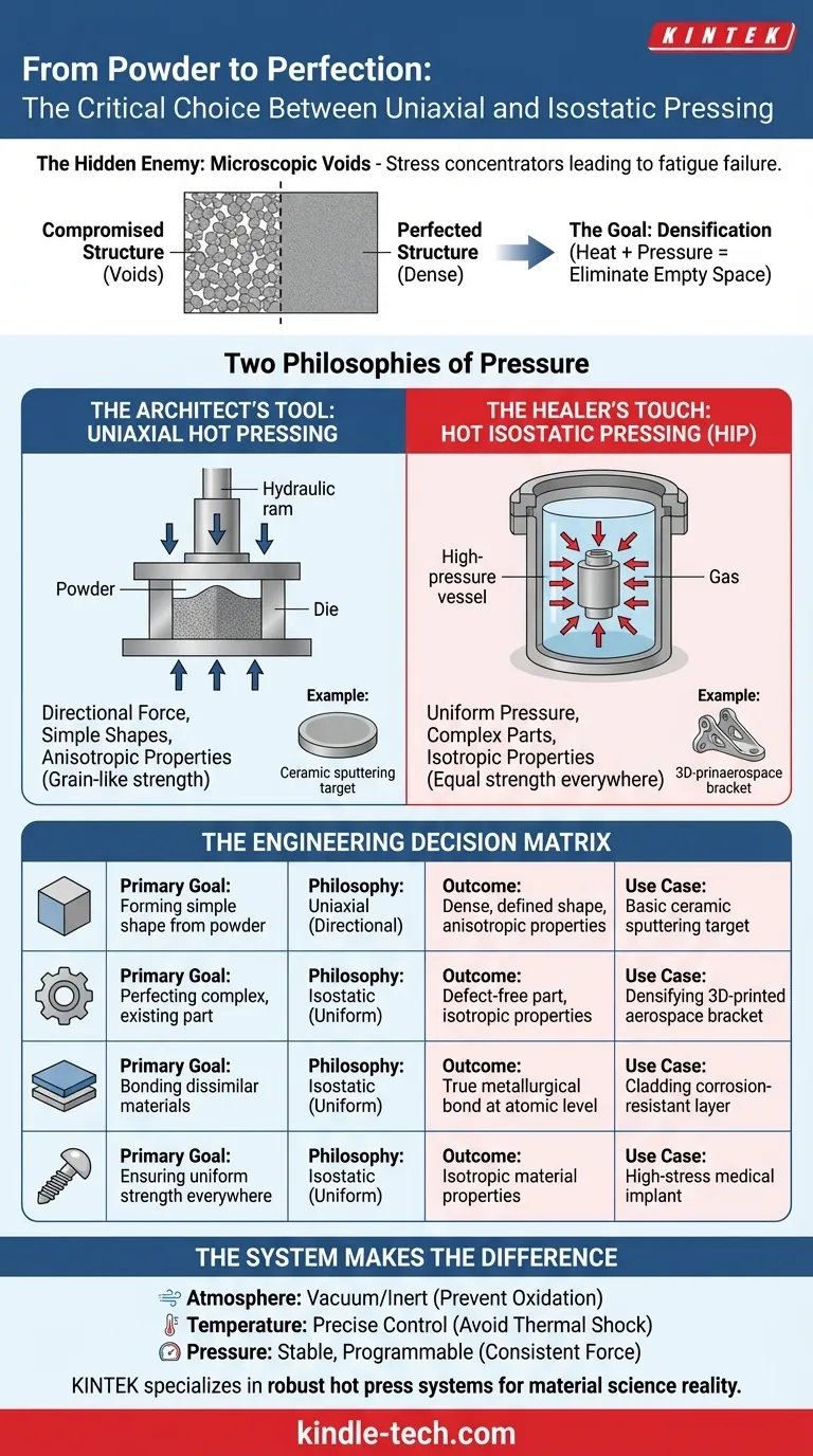 분말에서 완벽함으로: 단축 및 등방 압축 사이의 중요한 선택 시각적 가이드