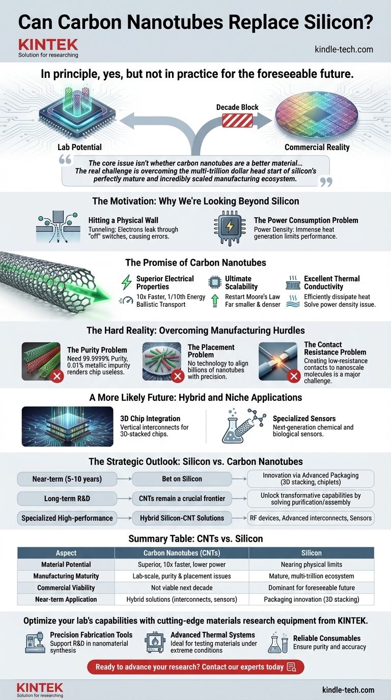 هل يمكن لأنابيب الكربون النانوية أن تحل محل السيليكون؟ مستقبل الحوسبة بعد قانون مور دليل مرئي