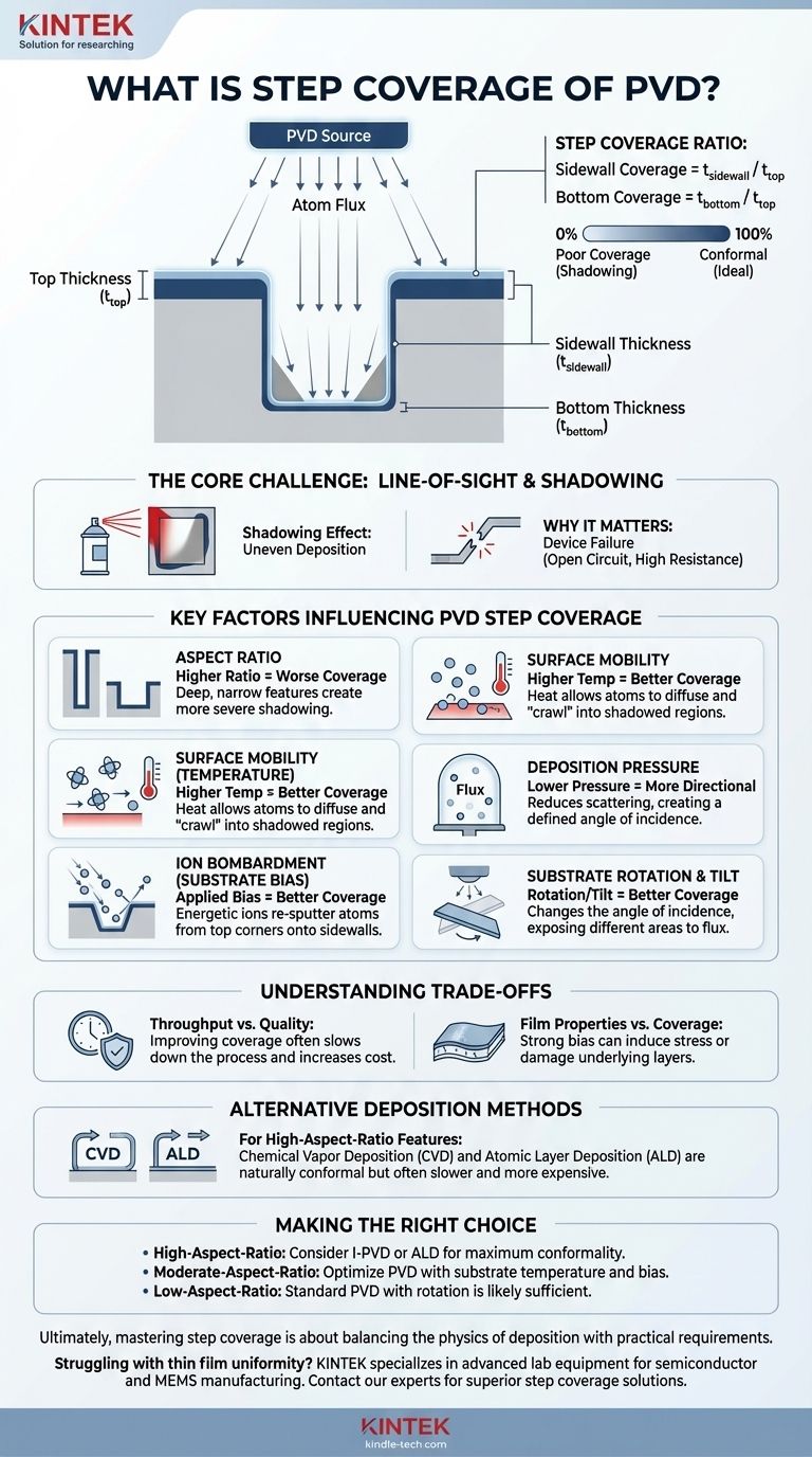 ما هي تغطية الخطوة (Step Coverage) في الترسيب الفيزيائي للبخار؟ إتقان الأغشية الرقيقة الموحدة للتصنيع الدقيق دليل مرئي