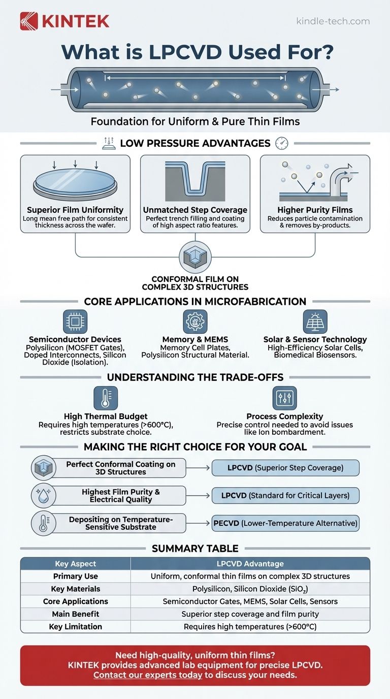 ما هو استخدام الترسيب الكيميائي للبخار منخفض الضغط (LPCVD)؟ تحقيق أغشية مطابقة مثالية لأشباه الموصلات وتكنولوجيا النانو الكهروميكانيكية (MEMS) دليل مرئي