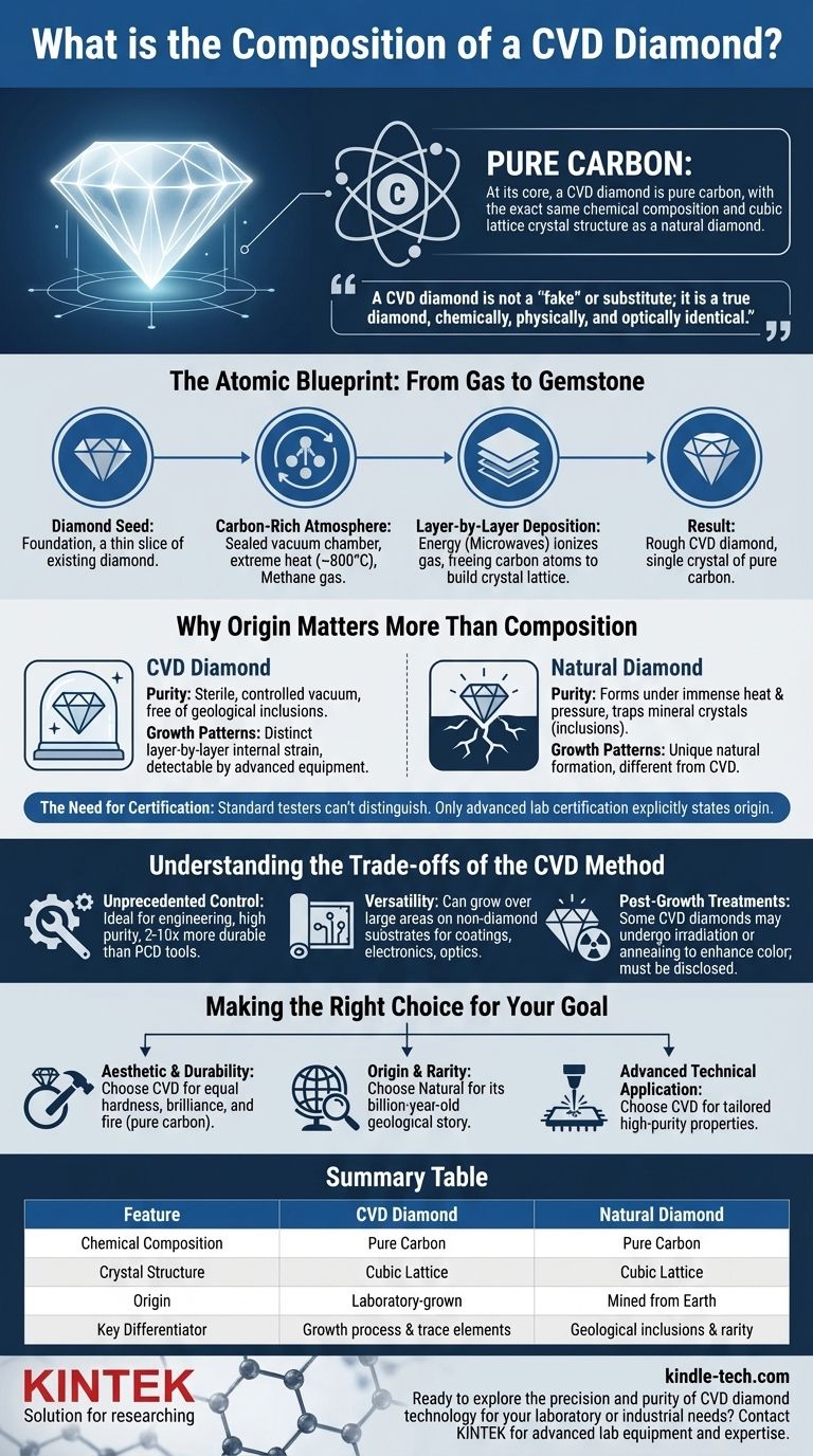 Qual é a composição de um diamante CVD? Descubra a Estrutura de Carbono Puro de Gemas Cultivadas em Laboratório Guia Visual