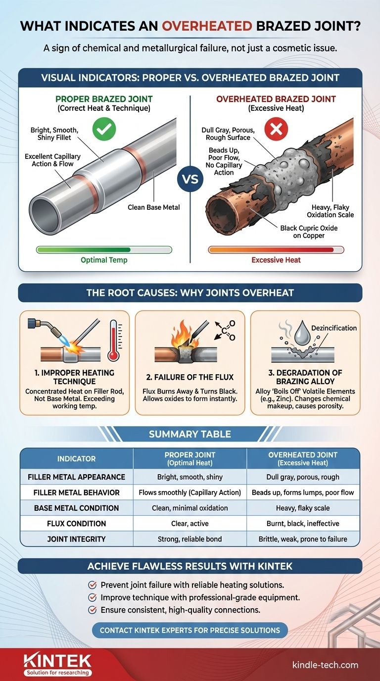 What is an overheated brazed joint indicated by? Signs of a Failed Brazing Process Visual Guide