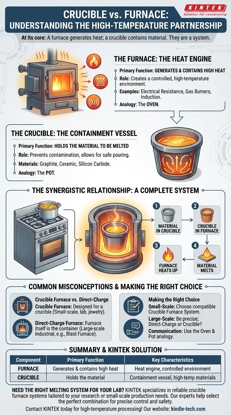 Qual é a diferença entre cadinho e forno? Entenda a Fonte de Calor vs. Vaso de Contenção Guia Visual