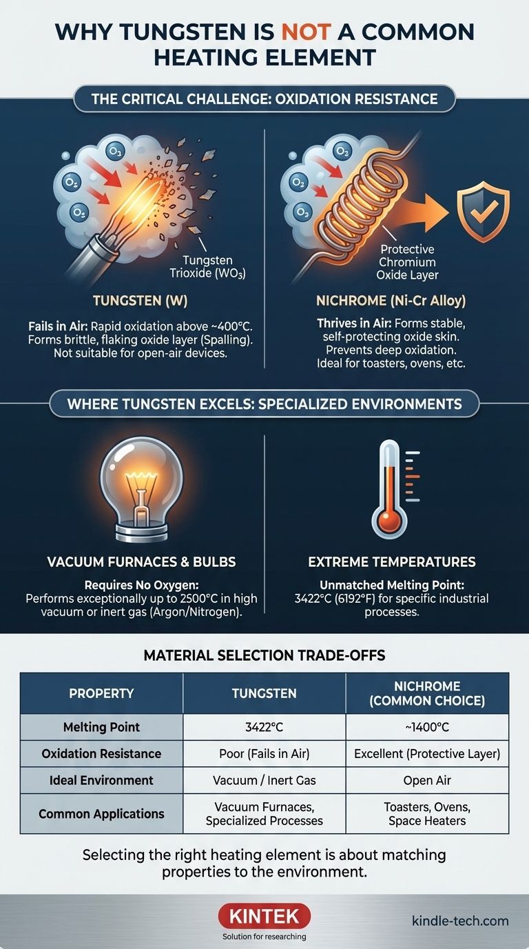 Pourquoi le tungstène n'est-il pas utilisé comme élément chauffant ? Découvrez le rôle essentiel de la résistance à l'oxydation. Guide Visuel
