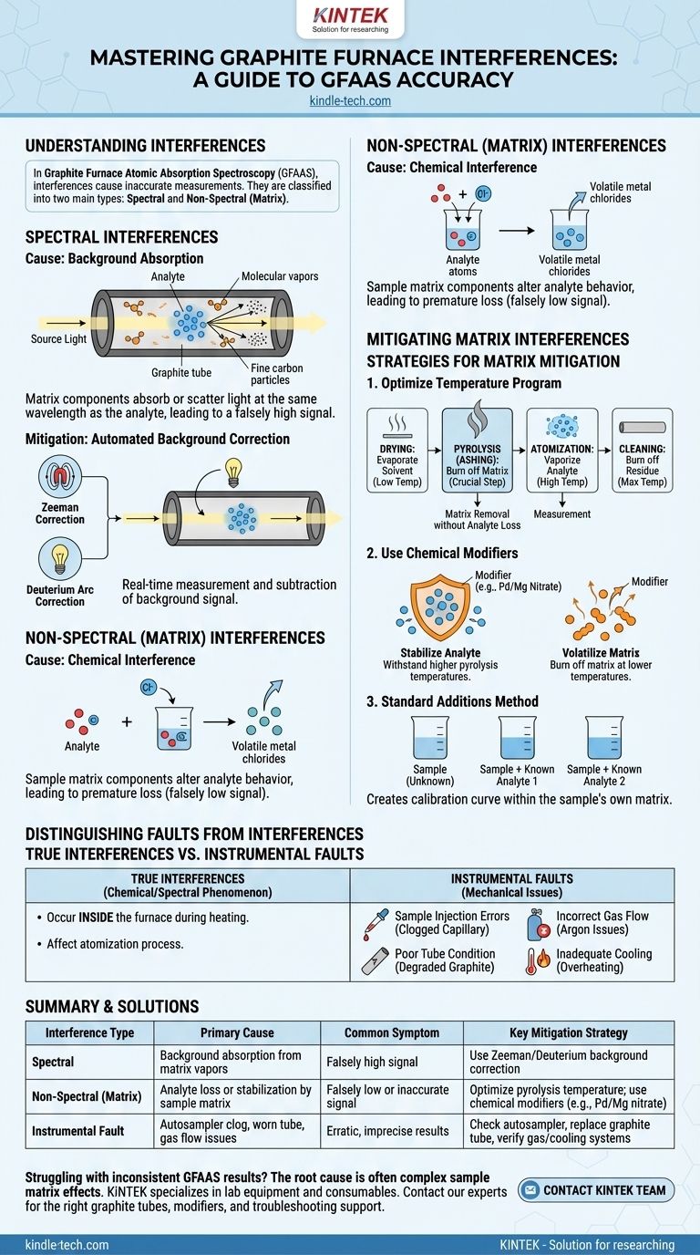 흑연로 분석의 간섭 현상은 무엇이며, 정확한 GFAAS를 위한 매트릭스 및 스펙트럼 문제를 극복하는 방법은 무엇인가요? 시각적 가이드
