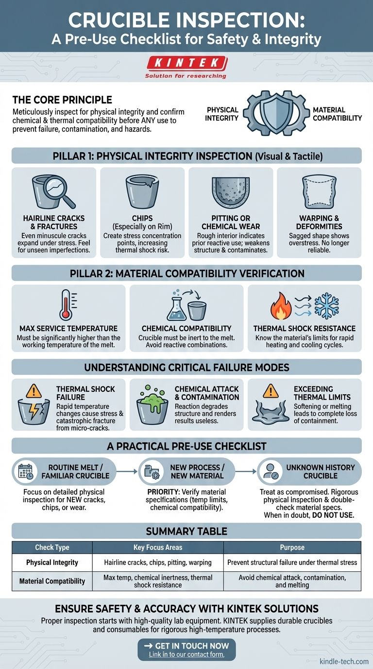 Qu'est-ce qui doit être vérifié avant d'utiliser un creuset ? Un guide pour un travail à haute température sûr et efficace Guide Visuel