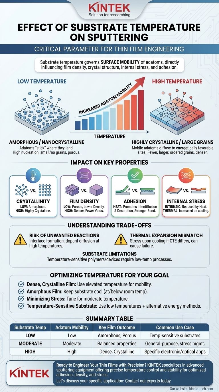 Quel est l'effet de la température du substrat sur la pulvérisation cathodique ? Maîtriser la densité, la cristallinité et la contrainte du film Guide Visuel
