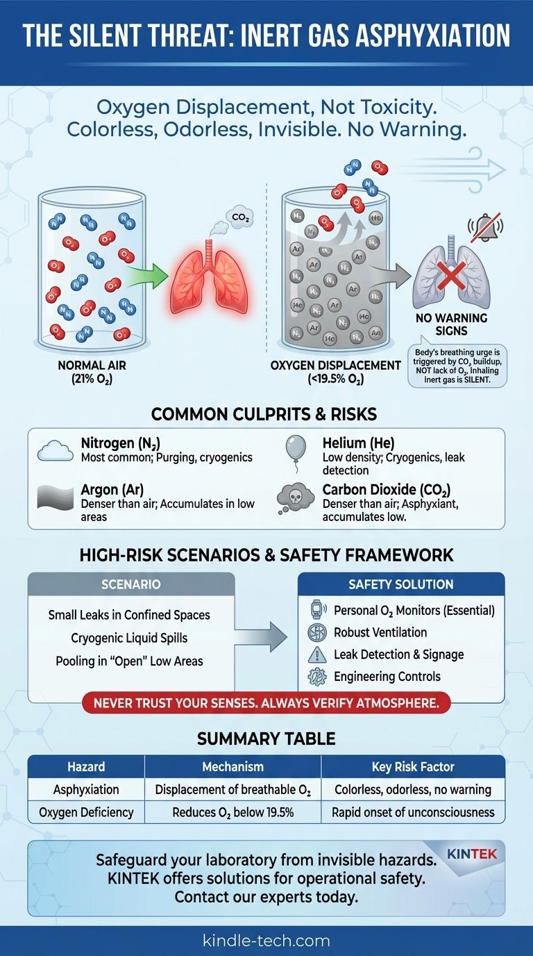 Quel est le principal danger associé à l'utilisation des gaz inertes ? Le danger silencieux du déplacement de l'oxygène Guide Visuel