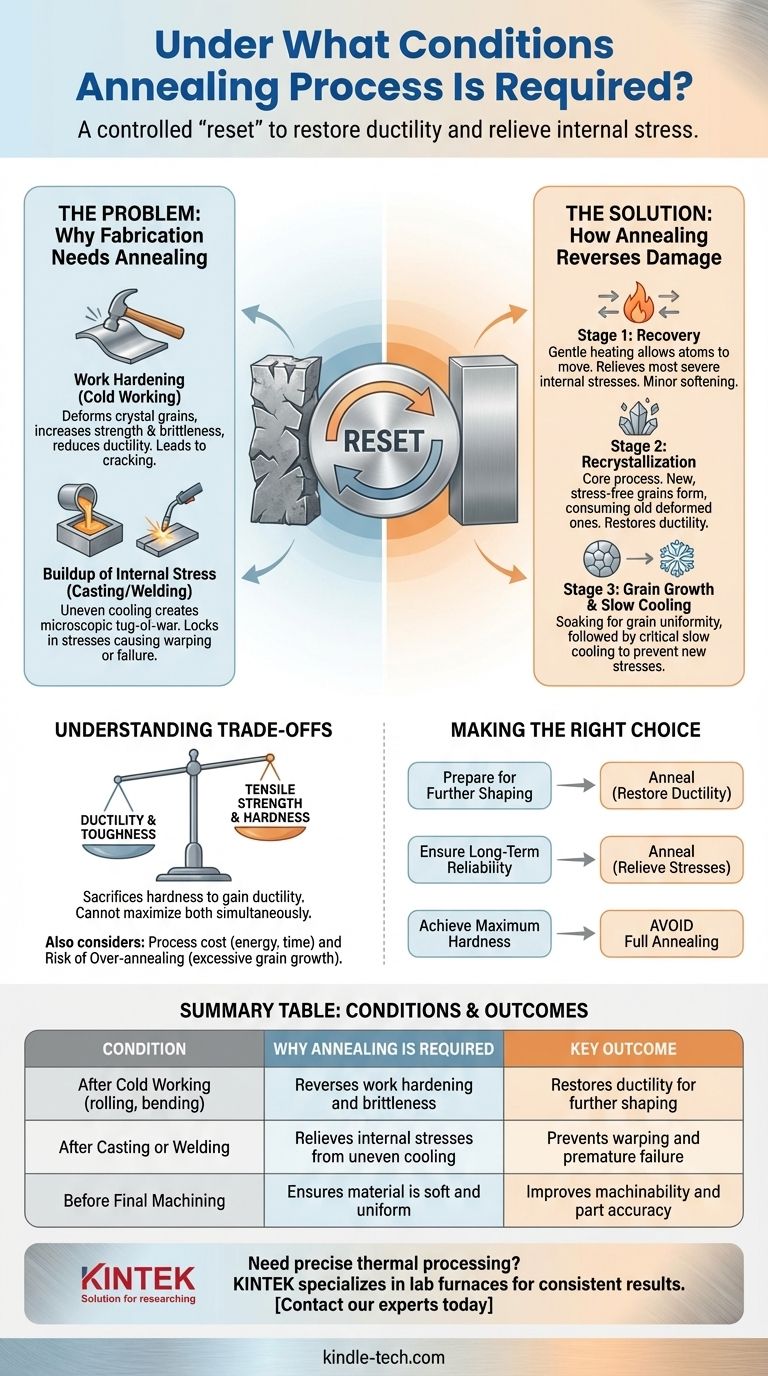 ¿Bajo qué condiciones se requiere el proceso de recocido? Restaurar la ductilidad y aliviar la tensión Guía Visual