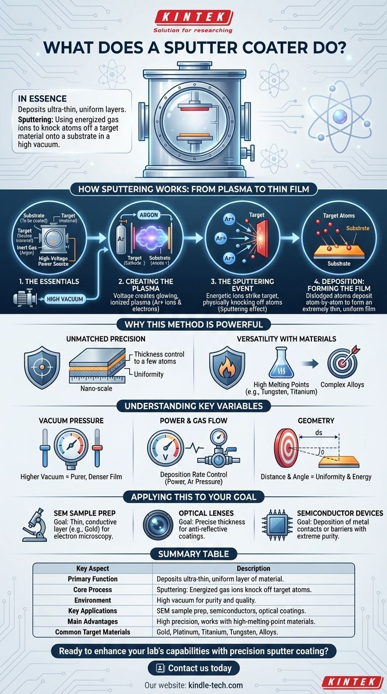 ماذا يفعل جهاز التغطية بالرش (sputter coater)؟ تحقيق طبقات فائقة النحافة وموحدة لمختبرك دليل مرئي