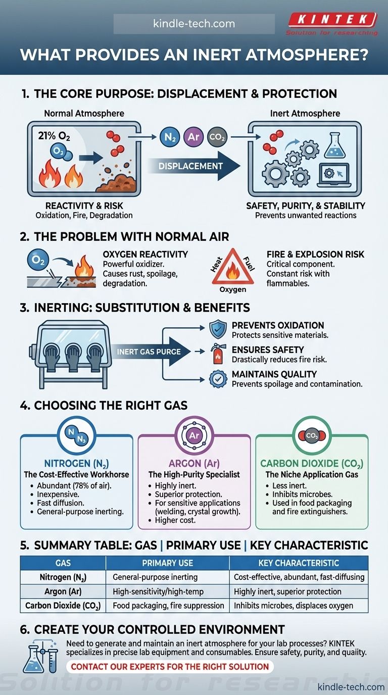 Cosa fornisce un'atmosfera inerte? Ottieni sicurezza e purezza con azoto, argon o CO2 Guida Visiva