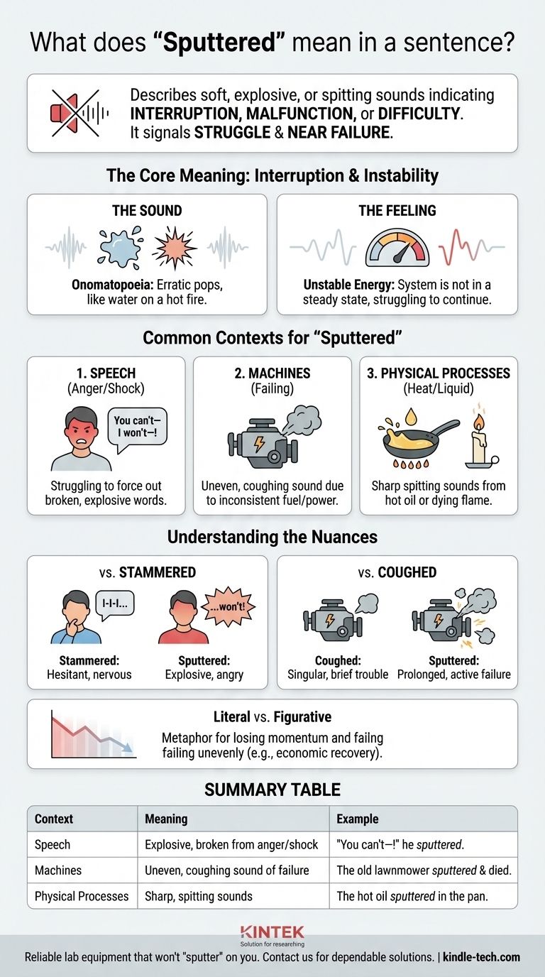 ماذا تعني كلمة "sputtered" في الجملة؟ دليل لاستخدام هذا الفعل الموحي دليل مرئي