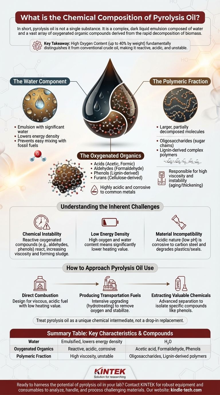 What is the chemical composition of pyrolysis oil? A Complex Emulsion of Water and Oxygenated Organics Visual Guide