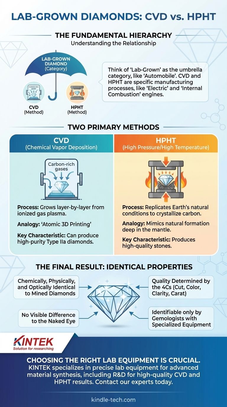 ما هو الفرق بين الماس المصنوع في المختبر والماس المصنوع بتقنية الترسيب الكيميائي للبخار (CVD)؟ فهم طريقتي الإنتاج الرئيسيتين دليل مرئي