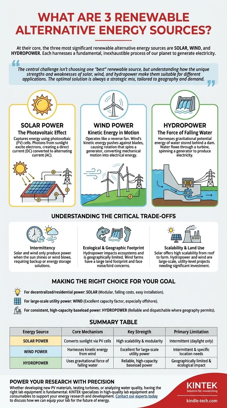 What are 3 renewable alternative energy sources? Solar, Wind, and Hydropower Explained Visual Guide