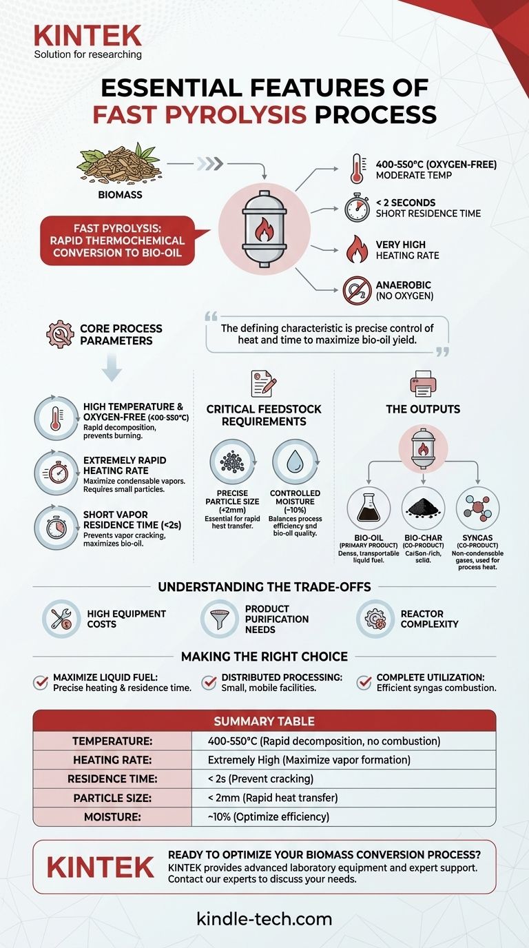 Quais são as características essenciais do processo de pirólise rápida? Maximize o Rendimento de Bio-óleo para uma Conversão Eficiente de Biomassa Guia Visual