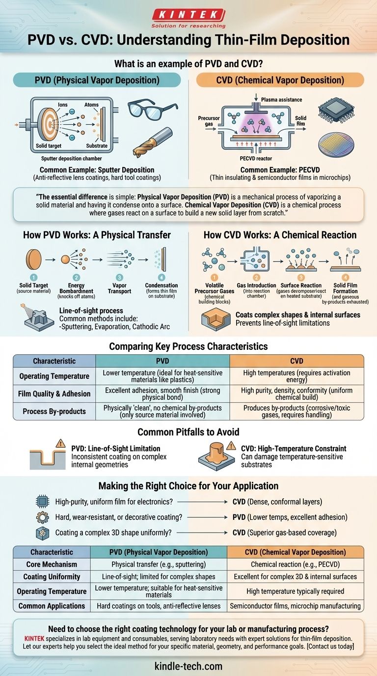 Qu'est-ce qu'un exemple de PVD et de CVD ? Pulvérisation cathodique vs. PECVD pour les revêtements en couches minces Guide Visuel