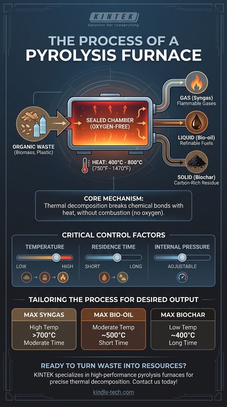 What is the process of a pyrolysis furnace? Transform Waste into Valuable Products with Thermal Decomposition Visual Guide