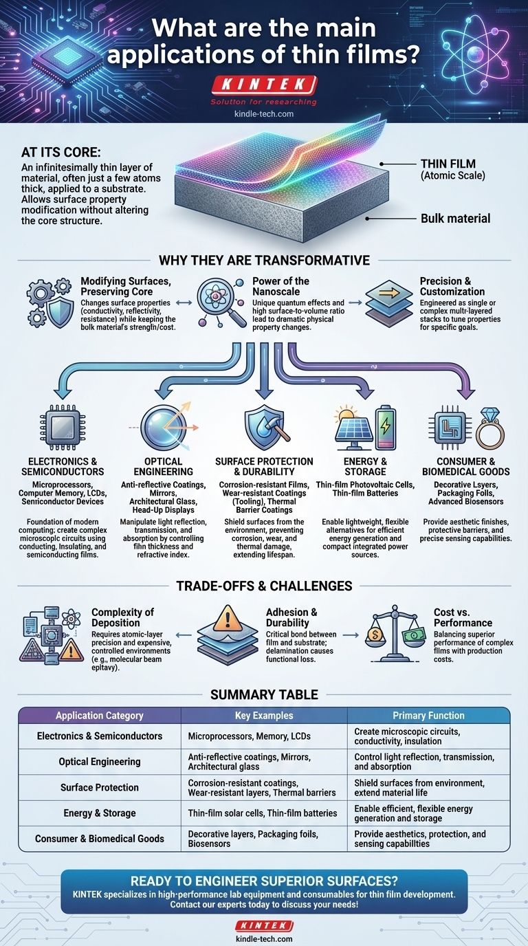 Was sind die Hauptanwendungsgebiete von Dünnschichten? Entfesseln Sie Leistung in Elektronik, Optik & Schutz Visuelle Anleitung