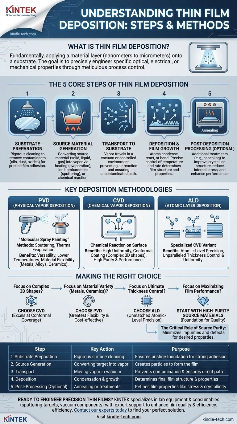 ما هي الخطوات المتبعة في ترسيب الأغشية الرقيقة؟ أتقن المراحل الأساسية الخمس للطلاءات الدقيقة دليل مرئي