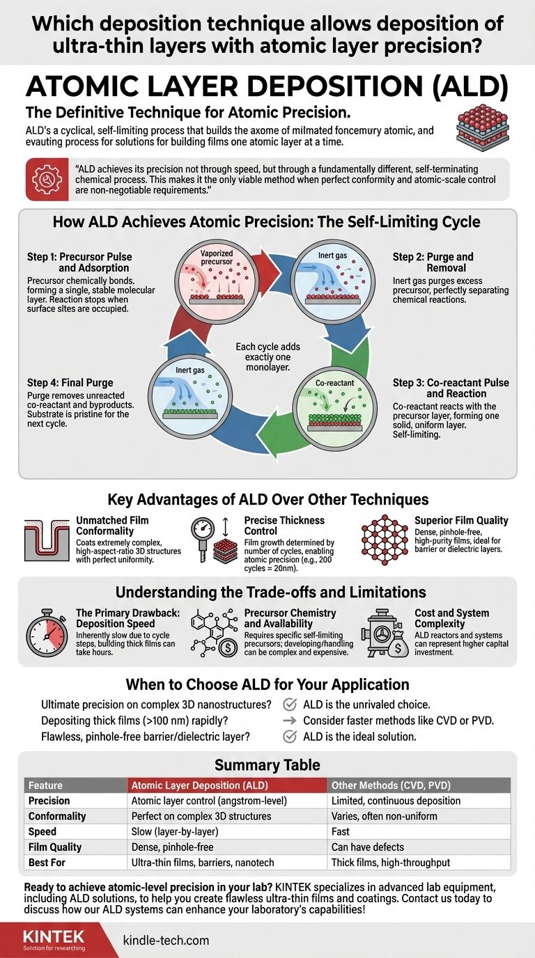 Which deposition technique allows deposition of ultra-thin layers with atomic layer precision? Achieve Perfect Conformity with ALD Visual Guide