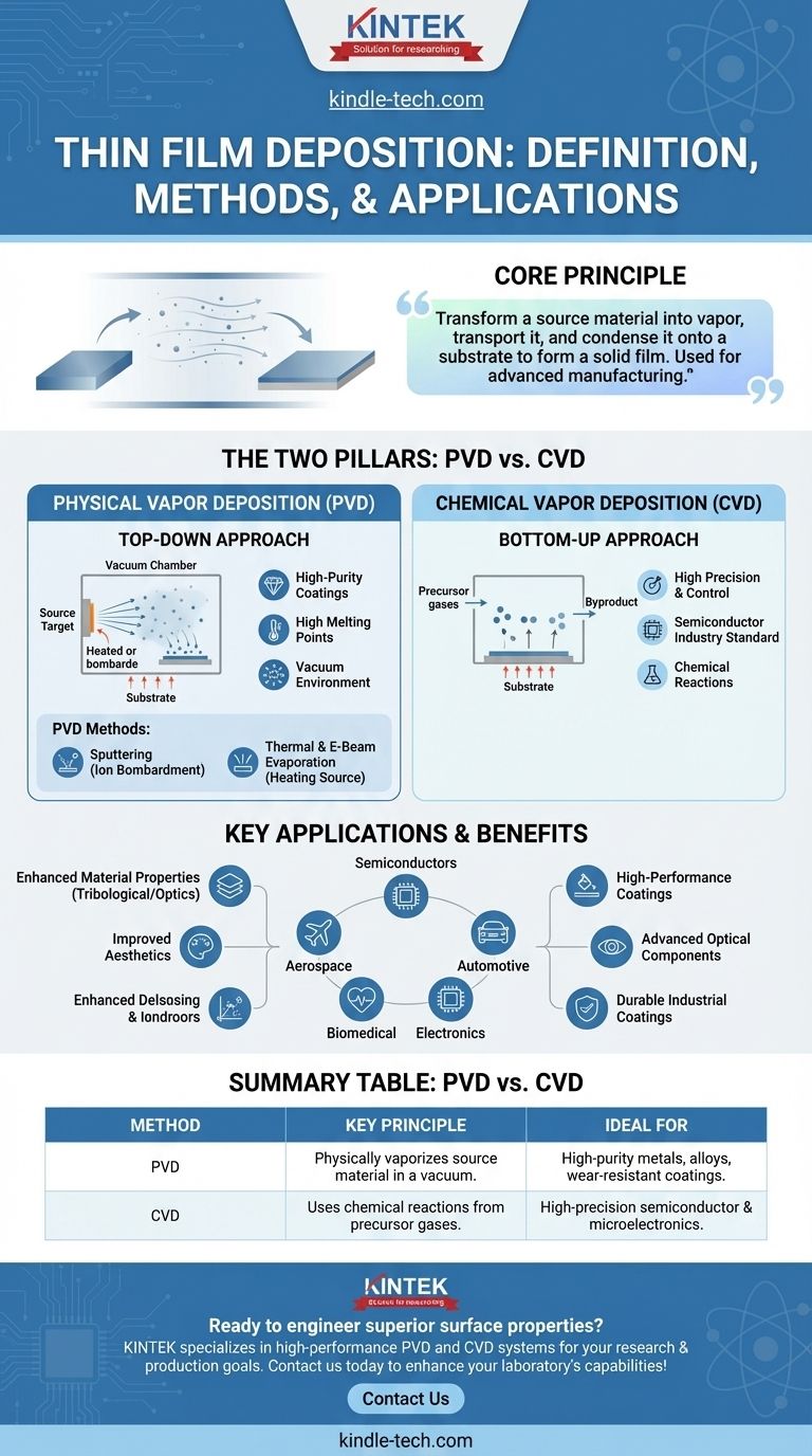 ما هي طريقة ترسيب الأغشية الرقيقة؟ دليل لتقنيات الترسيب الفيزيائي للبخار (PVD) والترسيب الكيميائي للبخار (CVD) دليل مرئي