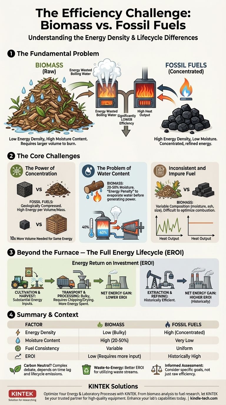 바이오매스 에너지는 왜 화석 연료만큼 효율적이지 않을까요? 에너지 밀도 및 수명 주기의 주요 한계를 알아보세요. 시각적 가이드