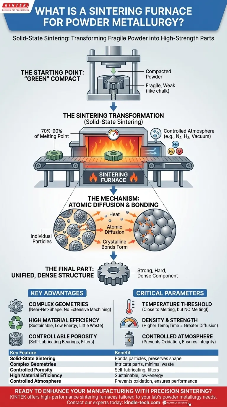 Cos'è un forno di sinterizzazione per la metallurgia delle polveri? Trasforma la polvere in parti ad alta resistenza Guida Visiva