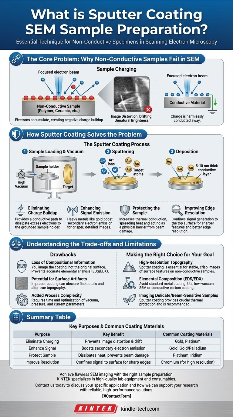 SEM 시료 준비를 위한 스퍼터 코팅이란 무엇인가요? 선명하고 안정적인 이미지를 위한 전하 제거 시각적 가이드