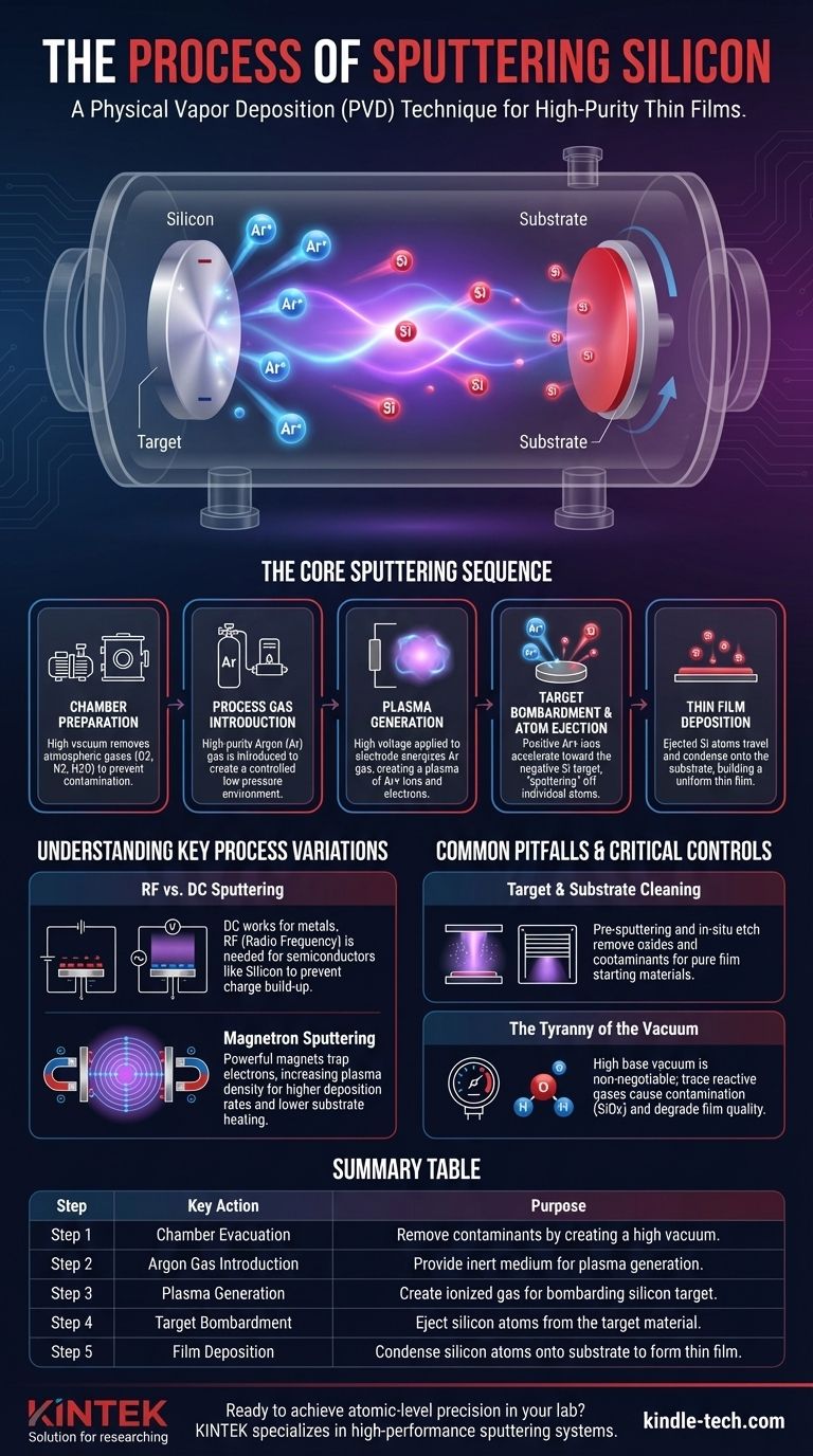 Was ist der Prozess des Sputterns von Silizium? Ein Leitfaden Schritt für Schritt zur Abscheidung hochreiner Dünnschichten Visuelle Anleitung