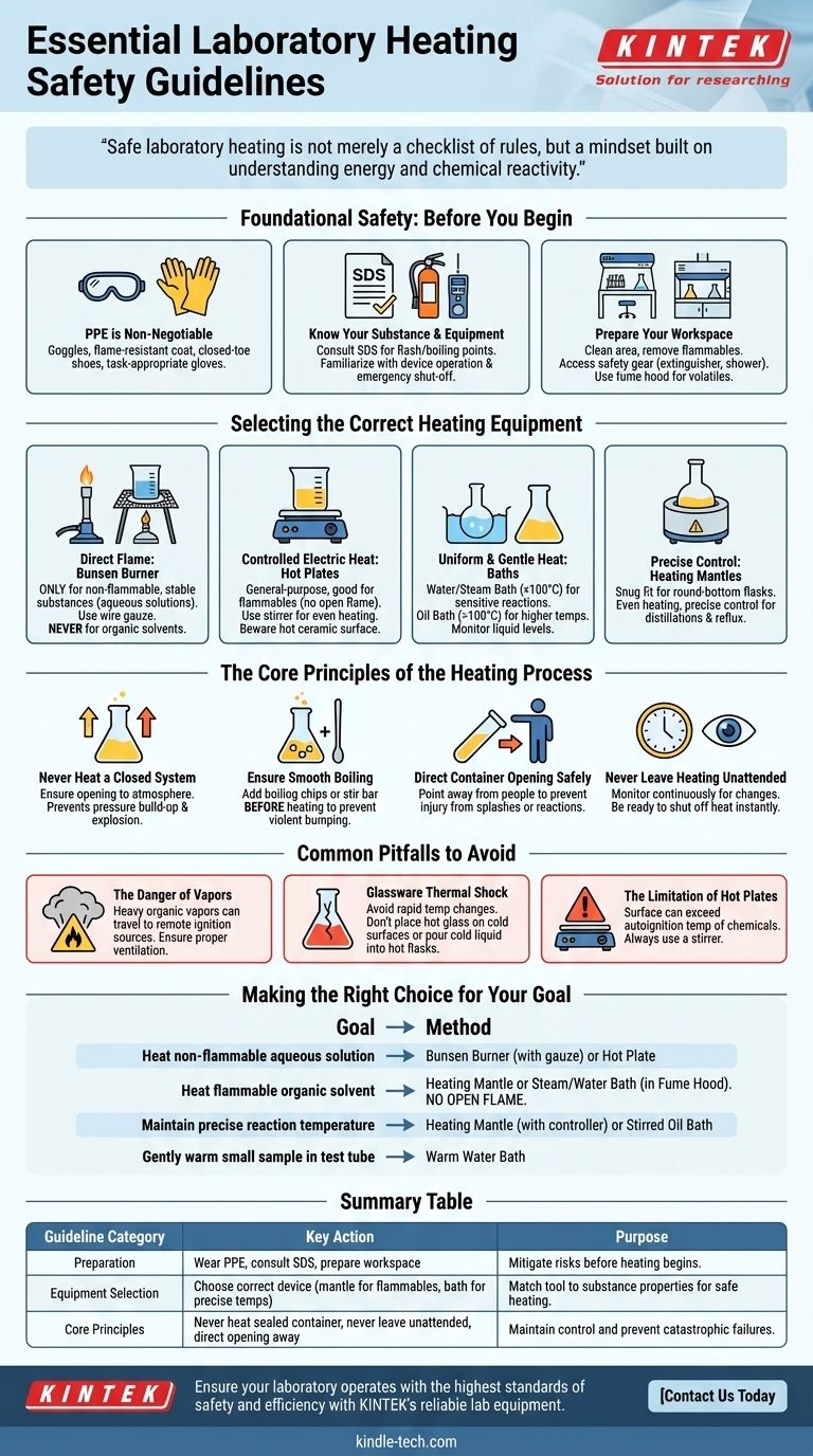 What are the guidelines to follow while heating substances in the laboratory? Ensure Safe and Controlled Heating Processes Visual Guide