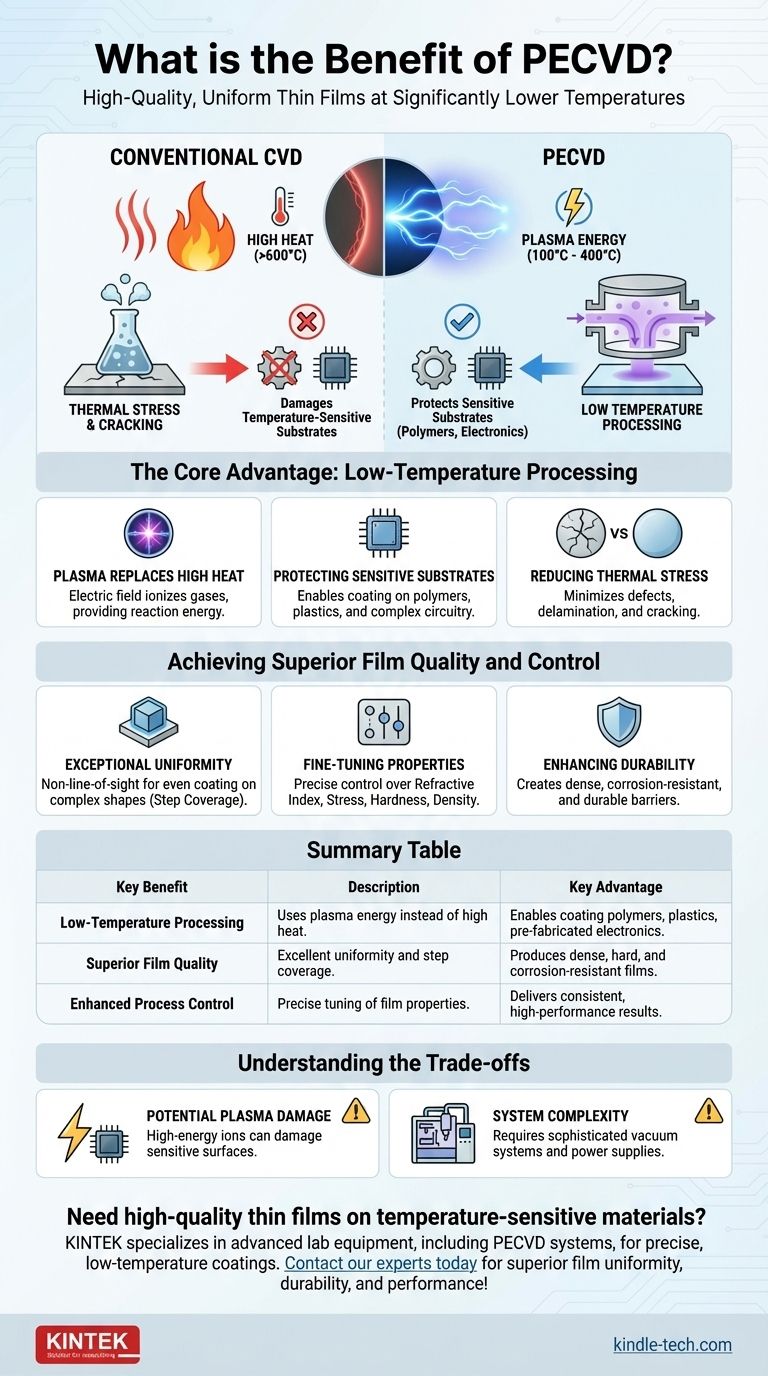 ما هي فائدة الترسيب الكيميائي للبخار المعزز بالبلازما (PECVD)؟ تحقيق ترسيب فائق للأغشية الرقيقة في درجات حرارة منخفضة دليل مرئي
