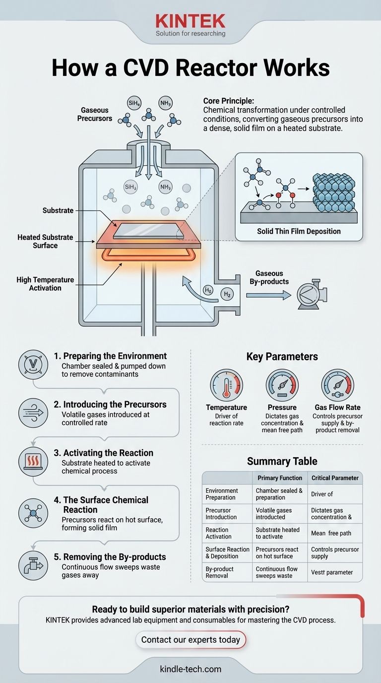 كيف يعمل مفاعل الترسيب الكيميائي للبخار (CVD)؟ إتقان علم ترسيب الأغشية الرقيقة عالية الأداء دليل مرئي