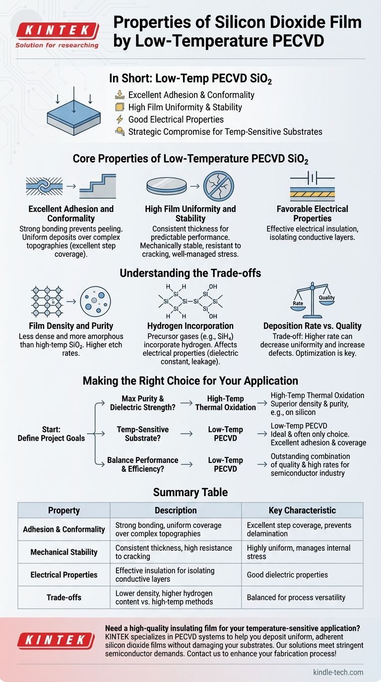 ¿Cuáles son las propiedades del recubrimiento de dióxido de silicio depositado por PECVD a baja temperatura y presión? Logre un aislamiento superior en sustratos sensibles Guía Visual