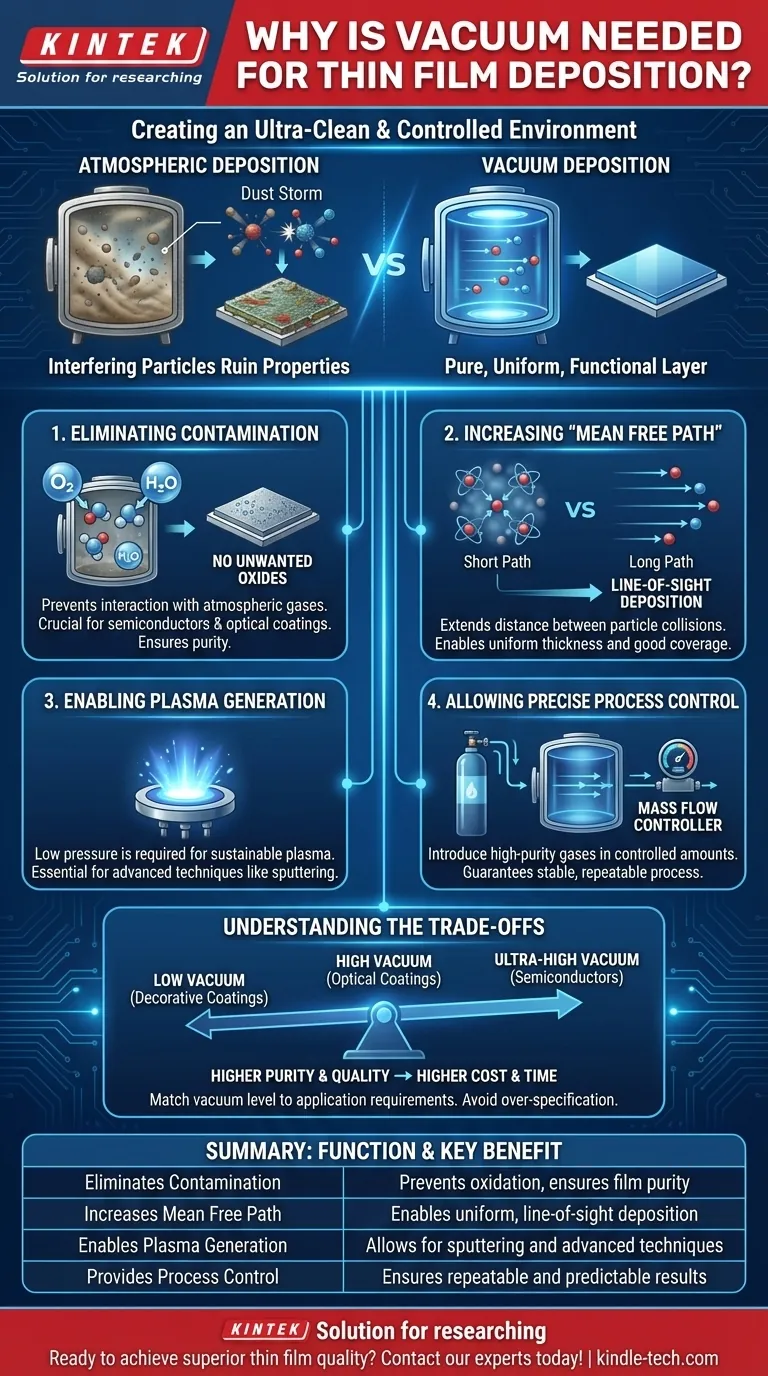 Warum ist Vakuum für die Dünnschichtabscheidung erforderlich? Um Reinheit, Gleichmäßigkeit und Kontrolle zu erreichen Visuelle Anleitung