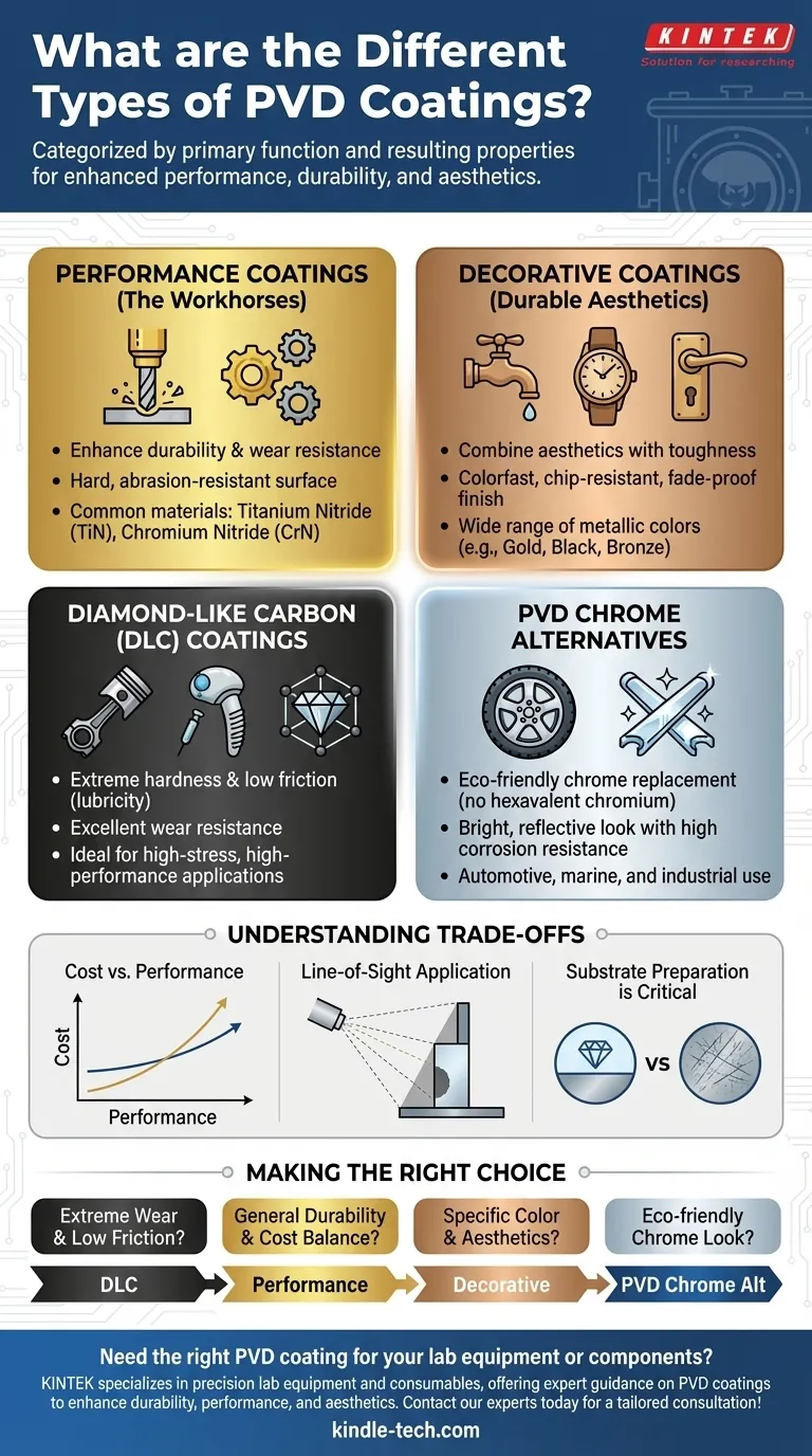 Quais são os diferentes tipos de revestimentos PVD? Um Guia para Revestimentos de Desempenho, Decorativos e DLC Guia Visual
