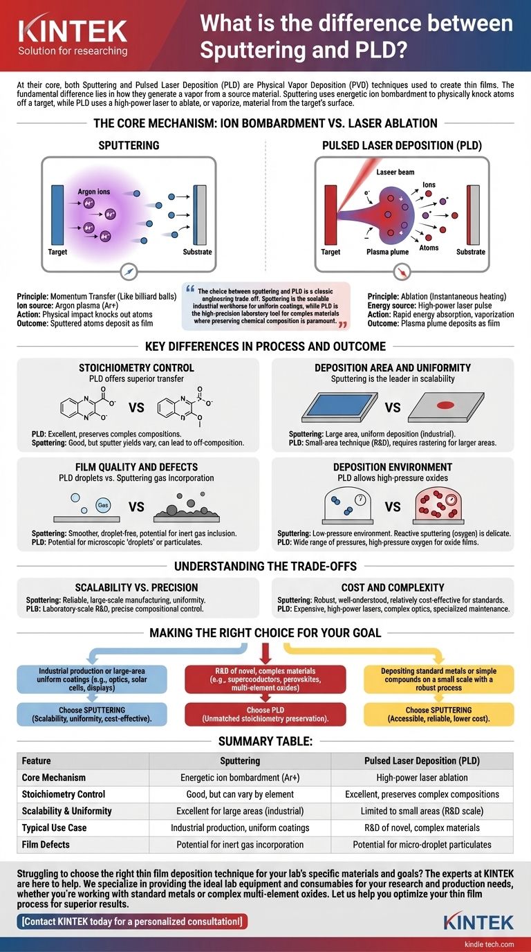 Qual é a diferença entre sputtering e PLD? Sputtering vs. PLD para Deposição de Filmes Finos Guia Visual