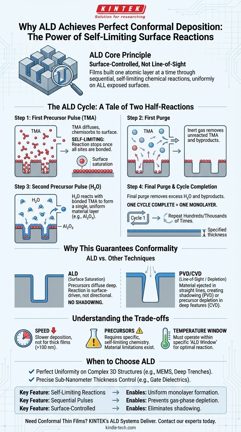 لماذا يمكن لـ ALD تحقيق الترسيب المطابق؟ السر يكمن في تفاعلاته السطحية ذاتية التحديد دليل مرئي