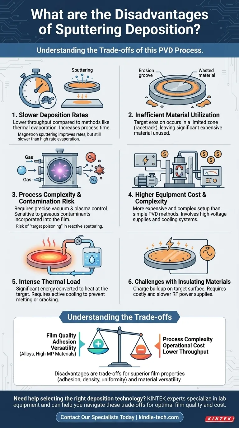 Quais são as desvantagens da deposição por pulverização catódica (sputtering)? Taxas mais lentas, custos mais altos e complexidade do processo Guia Visual