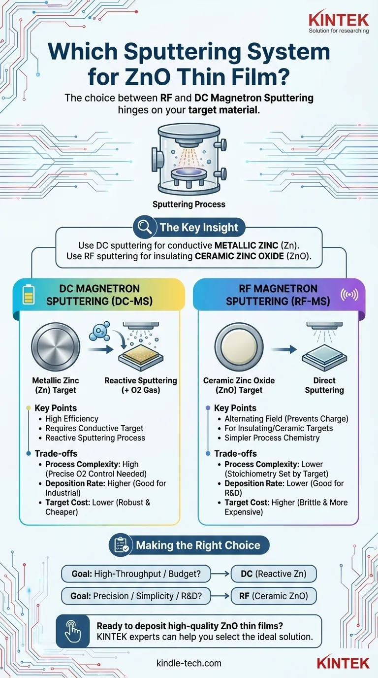 沉积ZnO薄膜将使用哪种类型的溅射系统？请在射频（RF）和直流（DC）磁控溅射之间选择 图解指南
