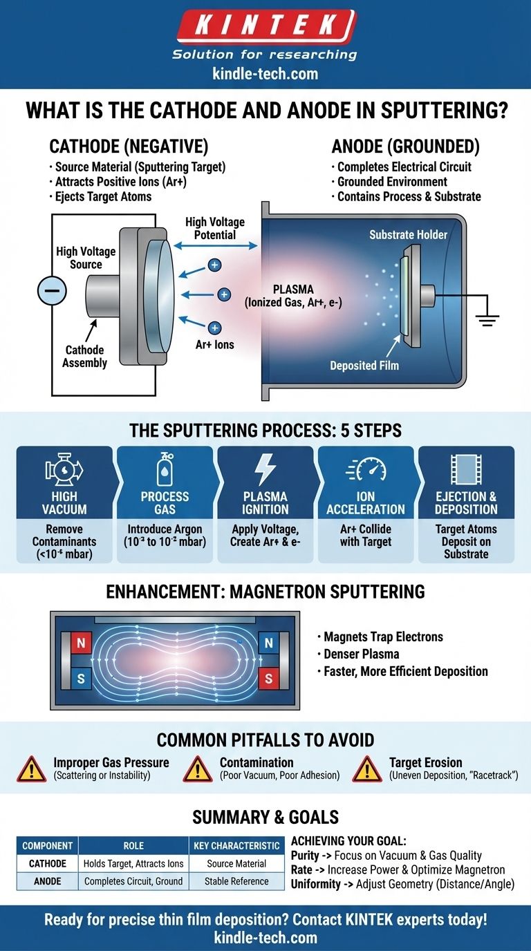 Cos'è il catodo e l'anodo nello sputtering? I Componenti Chiave per la Deposizione di Film Sottili Guida Visiva