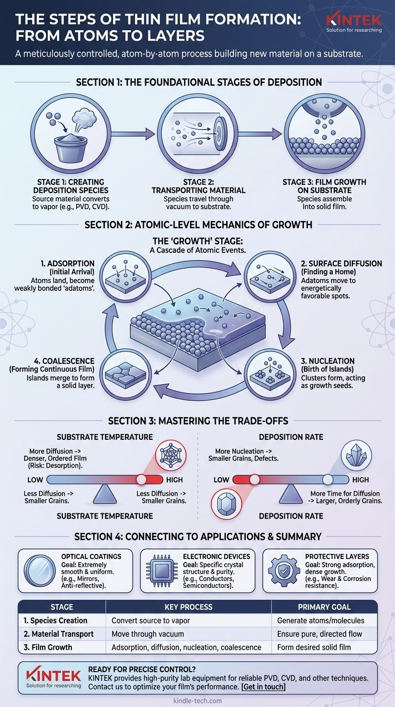 Quelles sont les étapes de la formation de films minces ? Maîtriser le processus au niveau atomique pour des revêtements supérieurs Guide Visuel