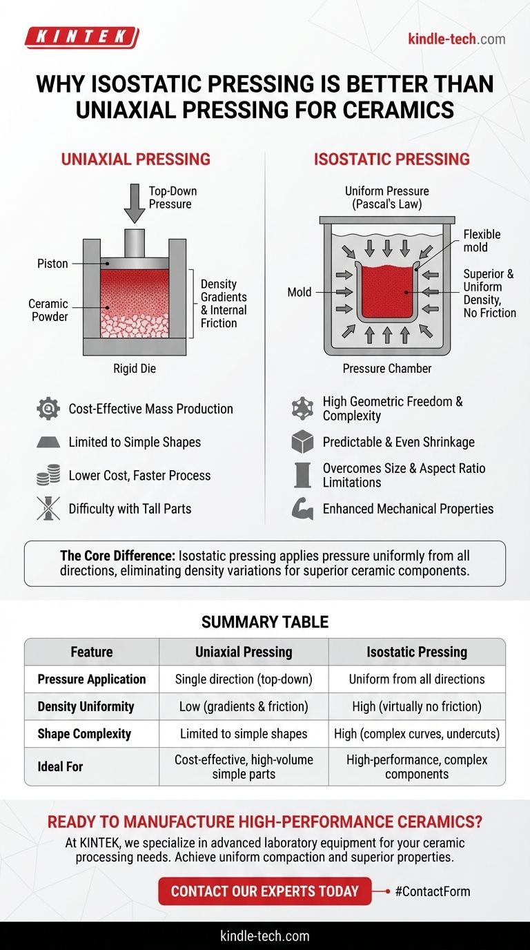 ¿Por qué el prensado isostático es mejor que el prensado uniaxial regular en la fabricación de cerámicas? Logre una densidad superior y formas complejas Guía Visual