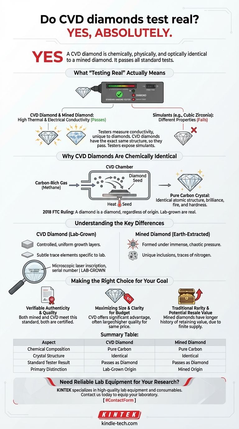 هل تختبر الماسات المصنوعة بتقنية الترسيب الكيميائي للبخار (CVD) على أنها حقيقية؟ نعم، إنها تجتاز اختبارات الماس القياسية دليل مرئي