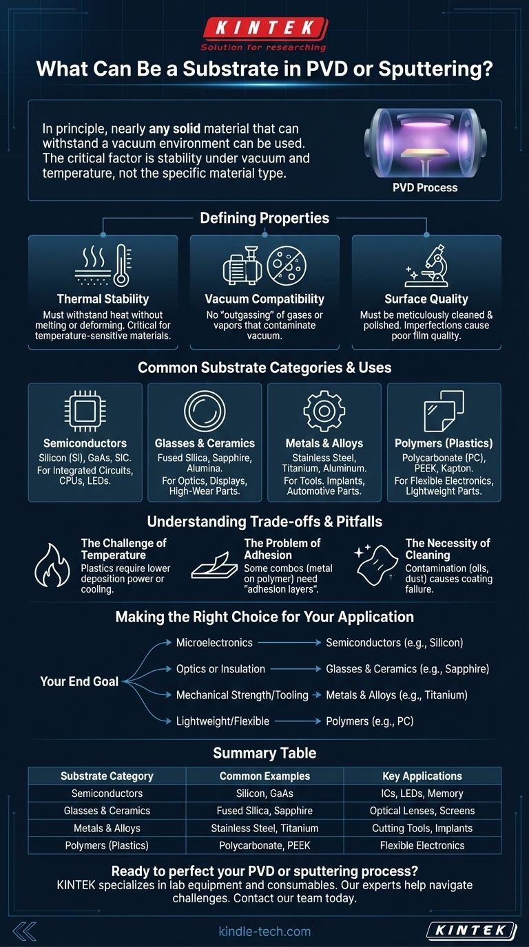 Qual pode ser o substrato em PVD ou sputtering? Escolha a Fundação Certa para o Seu Filme Fino Guia Visual