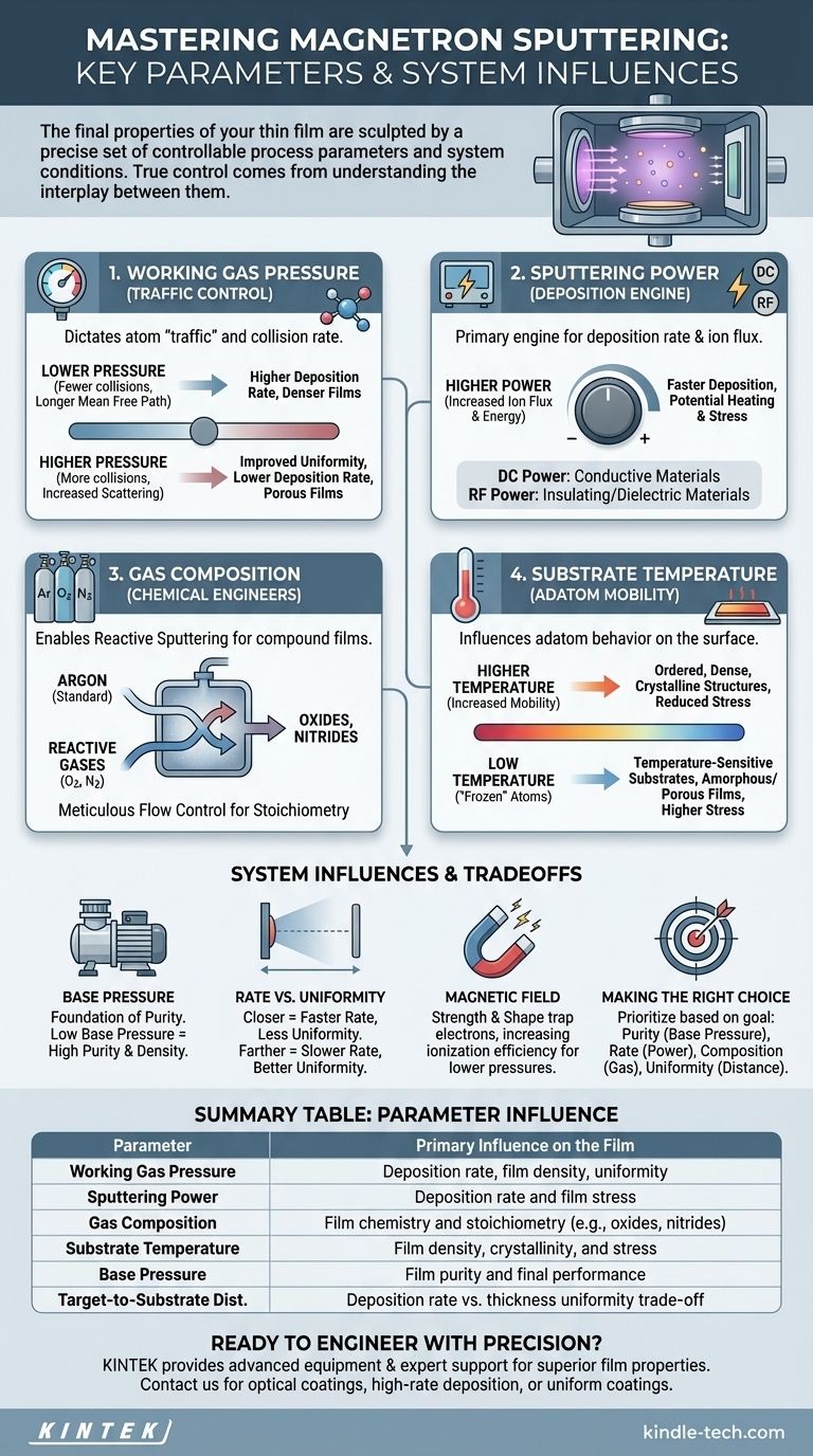 ¿Cuáles son los parámetros importantes en la deposición de películas delgadas con la técnica de pulverización catódica (magnetron sputtering)? Domine las propiedades de su película Guía Visual