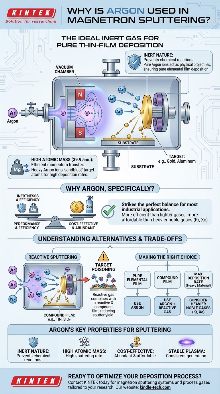 Perché l'argon viene utilizzato nella deposizione magnetron sputtering? Svela il Segreto per Film Sottili Efficienti e di Alta Qualità Guida Visiva